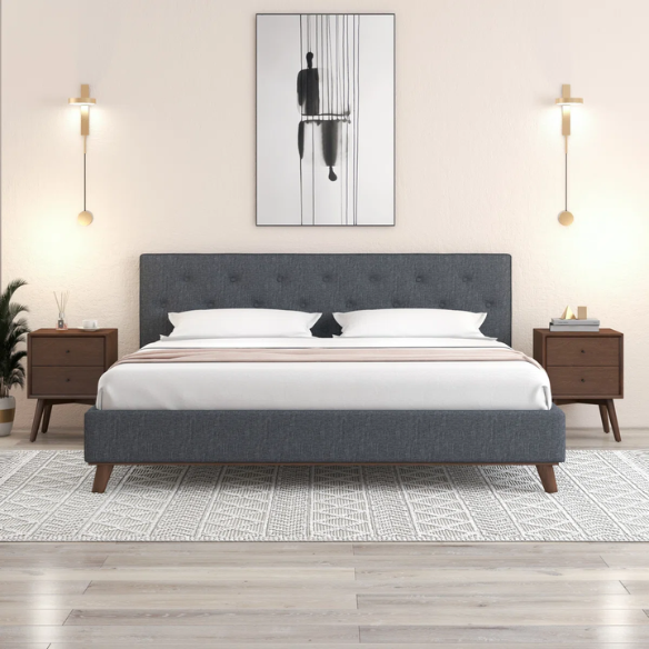 Modern Upholstered Platform Bed with Button Tufting and Eucalyptus Wood Frame – King Size