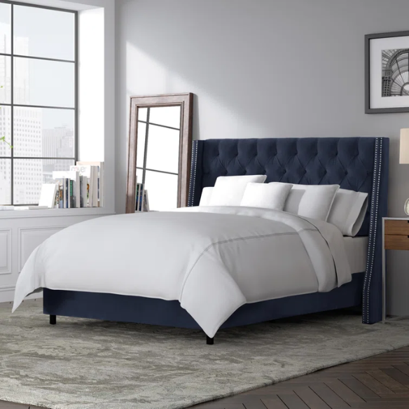 Chic Upholstered Wingback King Size Bed with Button Tufting and Nailhead Trim