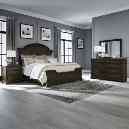 Classic Legacy Queen Bedroom Set – Bed, Dresser, Mirror, and Nightstand in Satin Cherry with Rustic Alder Veneers and Antique Brass Accents