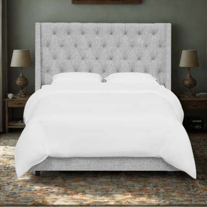 Chic Upholstered Wingback King Size Bed with Button Tufting and Nailhead Trim