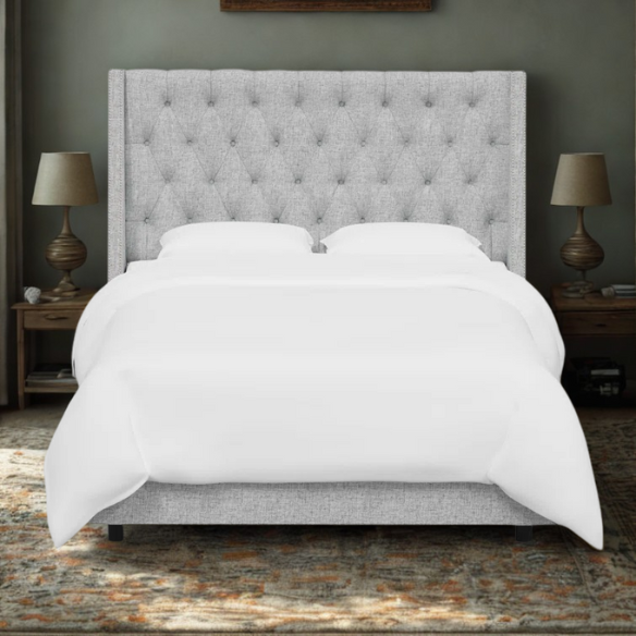 Chic Upholstered Wingback King Size Bed with Button Tufting and Nailhead Trim