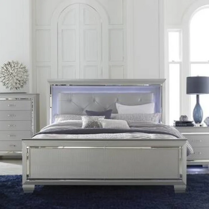 3-Piece Silver Modern LED Panel Bedroom Set with Faux Leather Upholstered Tufted Headboard, Alligator Embossing, and Crystal-Enhanced Accents