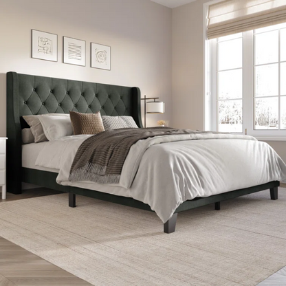 Elegant King Size Upholstered Wingback Bed with Button-Tufted Headboard – Foam-Padded for Ultimate Comfort and Support