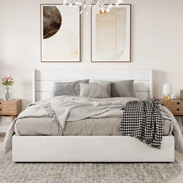 Modern King Size Upholstered Platform Bed with Hydraulic Lift Storage – Sleek Grooved Headboard, Space-Saving Design, and No Box Spring Needed
