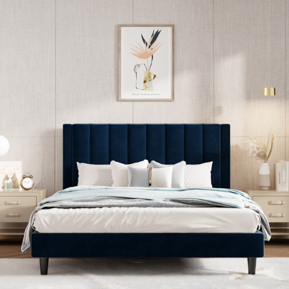 Luxurious Upholstered Platform Bed – Full/Double Size with Velvet Upholstery and Striped Headboard for Elegant Comfort