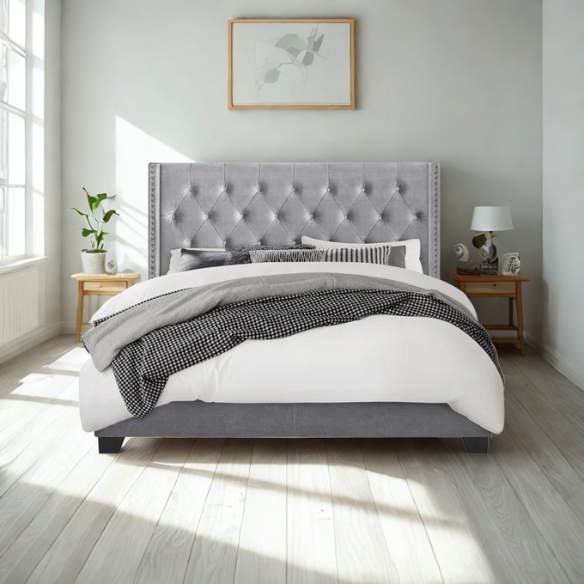 Queen Size Upholstered Low Profile Bed with Glamorous Button Tufted Foundation – Elegant and Timeless Design