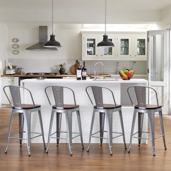 Set of 4 Farmhouse Counter Height Bar Stools – Rustic Industrial Style with Removable Backrest, Heavy-Duty Steel Frame, and Scratch-Resistant Finish