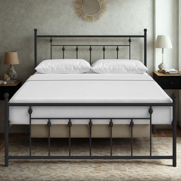 King Size Metal Open-Frame Platform Bed with Spindle Accents, Storage Footboard, and Slat Kit – No Box Spring Needed, Ideal for Farmhouse to French Country Styles