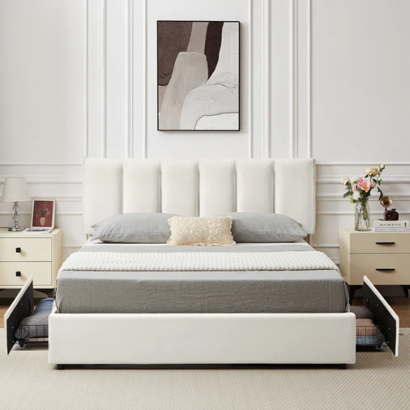 Velvet Upholstered Queen Size Platform Bed with Adjustable Headboard and 4 Storage Drawers