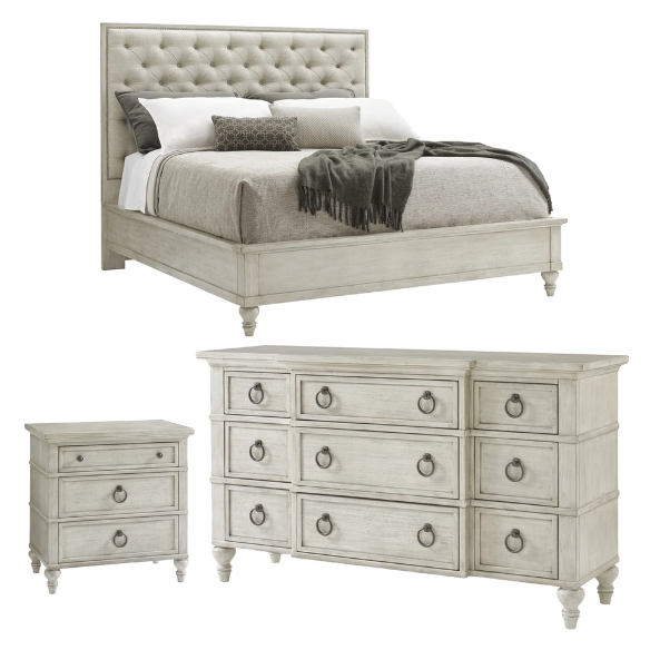 Rustic Panel Configurable Bedroom Set – Classic Meets Modern with Button-Tufted Headboard, Custom Ring Pulls, Media Storage Dresser, and Nailhead Trim Mirror – Includes Bed, Nightstand, Dresser, and Mirror