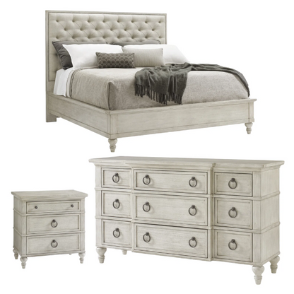 Rustic Panel Configurable Bedroom Set – Classic Meets Modern with Button-Tufted Headboard, Custom Ring Pulls, Media Storage Dresser, and Nailhead Trim Mirror – Includes Bed, Nightstand, Dresser, and Mirror