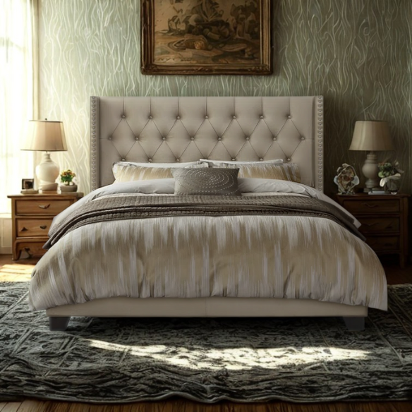 King Size Upholstered Low-Profile Bed with Wingback Headboard, Button Tufting, and Nailhead Trim – Glamorous, Traditional Design with Flared Legs