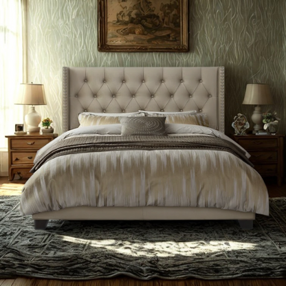 King Size Upholstered Low-Profile Bed with Wingback Headboard, Button Tufting, and Nailhead Trim – Glamorous, Traditional Design with Flared Legs