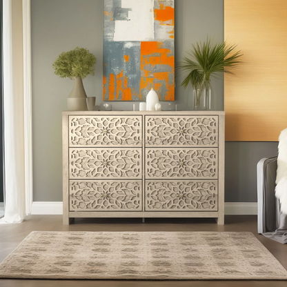 Boho-Inspired 45.4" 6-Drawer Dresser with Distressed Finish and Openwork Floral Details