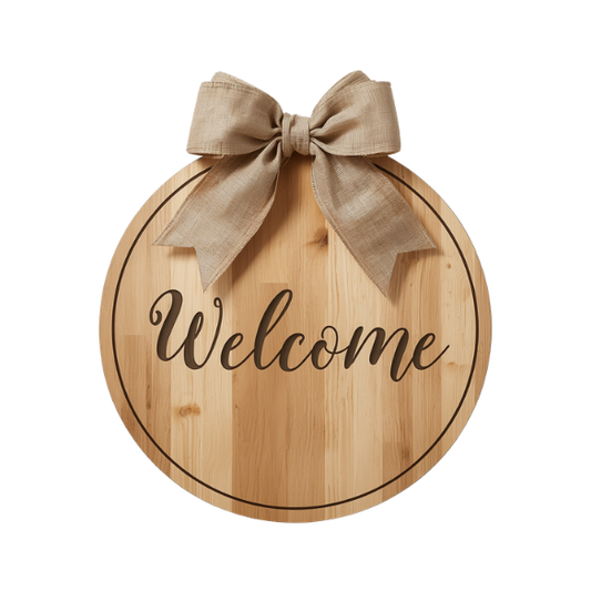 Round Wooden Welcome Sign with Burlap Bow