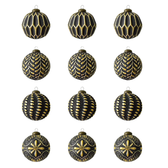 Gold & Black Embossed Christmas Ornaments – Luxurious Holiday Bauble Set (12 Pieces)