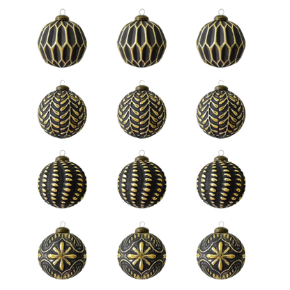 Gold & Black Embossed Christmas Ornaments – Luxurious Holiday Bauble Set (12 Pieces)
