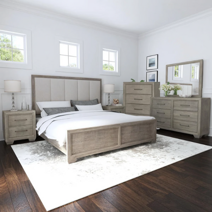 6-Piece Gray Wood Bedroom Set with Upholstered Panel Bed, Dresser, Mirror, 2 Nightstands, and Chest – Elegant and Timeless Design