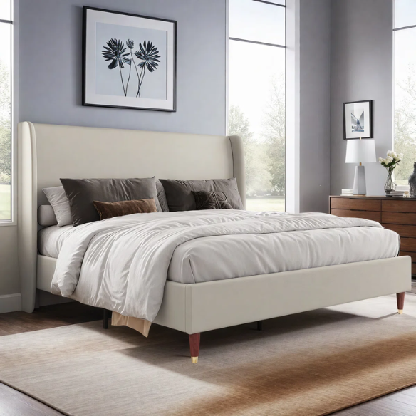 Queen Size Sleek and Minimalist Upholstered Platform Bed with Soft Linen Fabric – Elegant and Modern Design