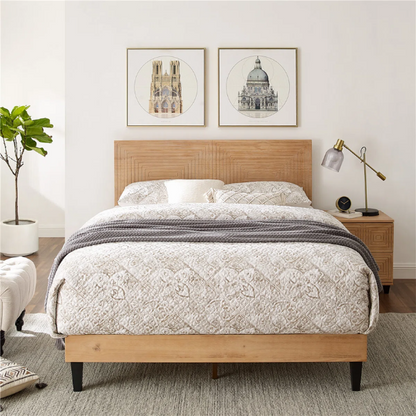 Mid-Century Modern King Size Solid Wood Platform Bed with Adjustable Height Headboard – Stylish Streamlined Design for a Contemporary Bedroom Look