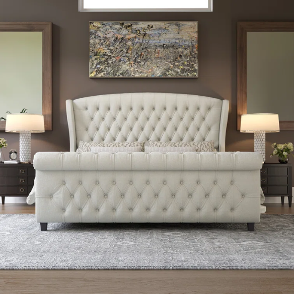 Luxurious Queen Size Upholstered Sleigh Bed with Button Tufting and Rich Chenille Fabric
