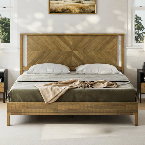 Solid Wood Platform King Size Bed with Headboard – Rustic Wood Frame with Steel Reinforcement for Ultimate Stability and Comfort