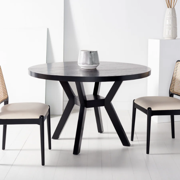 Round Wood Dining Table – French Bistro-Inspired Design, Sleek Dark Brown Frame