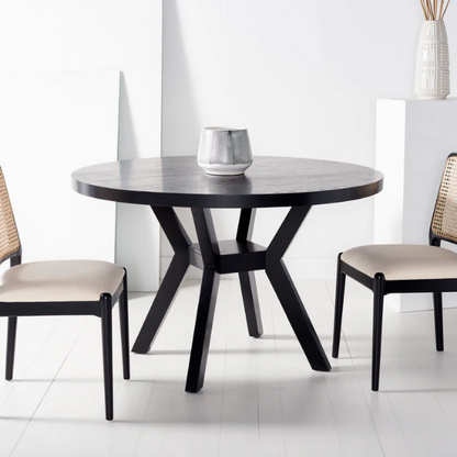 Round Wood Dining Table – French Bistro-Inspired Design, Sleek Dark Brown Frame
