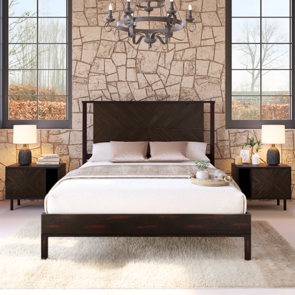 Solid Wood Platform King Size Bed with Headboard – Rustic Wood Frame with Steel Reinforcement for Ultimate Stability and Comfort