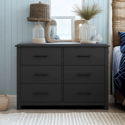Modern 6-Drawer Double Dresser with Flared Feet and Sleek Black Metal Handles