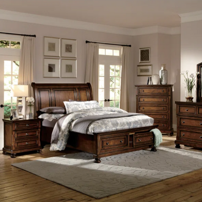 Timeless 5-Piece Platform Bedroom Set with Hidden Storage, Rich Medium Brown Finish, Birch Veneer, and Hardwood Accents - Featuring Bun Feet, Clever Drawer Storage, and Classic Transitional Design
