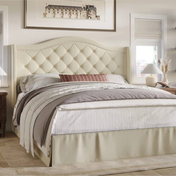 Elegant King Size Upholstered Platform Bed with Arched Camelback Headboard – Nailhead Trim, Diamond Tufting, and Foam Cushioning for Ultimate Comfort