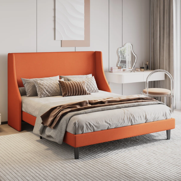 Modern Queen Size Upholstered Platform Bed with Deluxe Wingback and Linen Blend Fabric
