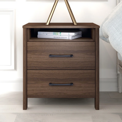 22.7" 2-Drawer Nightstand – Space-Saving Modern Minimalism, Engineered Wood with Clean-Lined Silhouette, Neutral Finish, Open Cubby & 2 Spacious Drawers for Bedroom Storage, Ideal for Tech & Accessories