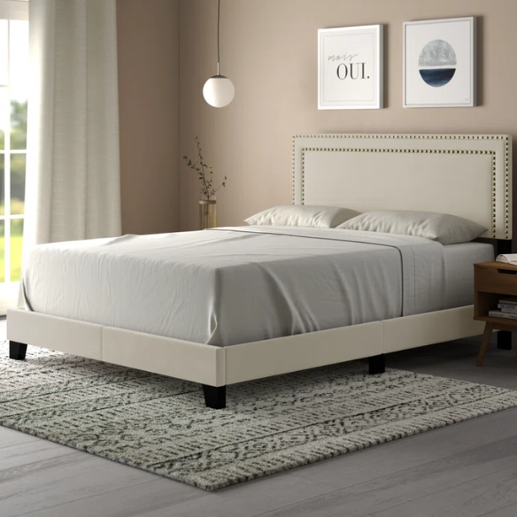King Size Upholstered Storage Bed with Beige Linen Upholstery, Nailhead Trim, and Adjustable Bed Base Compatibility – Classic Design with Wooden Slats for Extra Support
