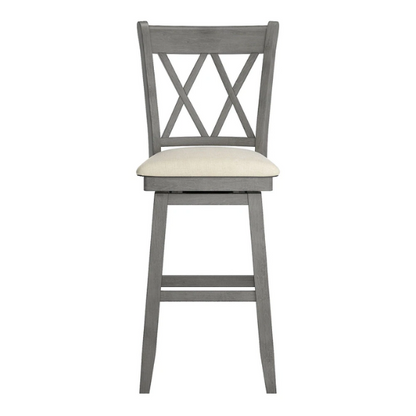 Double X Back Wood Swivel Bar Stool – Vintage Charm with Upholstered Linen Seat Cushion, Swivel Function, and Distressed Finishes for Elegant Bar or Counter Seating