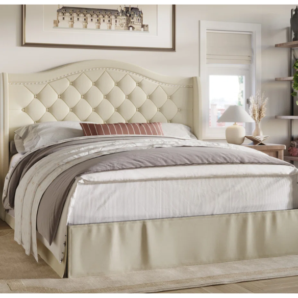 Elegant Upholstered Wingback Bed – Full/Double Size with Soft Polyester Fabric & Classic, Sophisticated Design