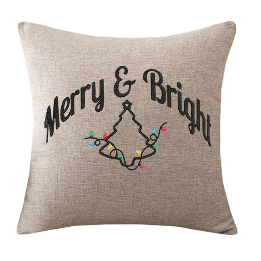 Light Grey Scandinavian Cotton-Linen Pillow Cover | 40×40 cm Decorative Cushion | “Merry & Bright” Embroidered Winter Accent Pillow