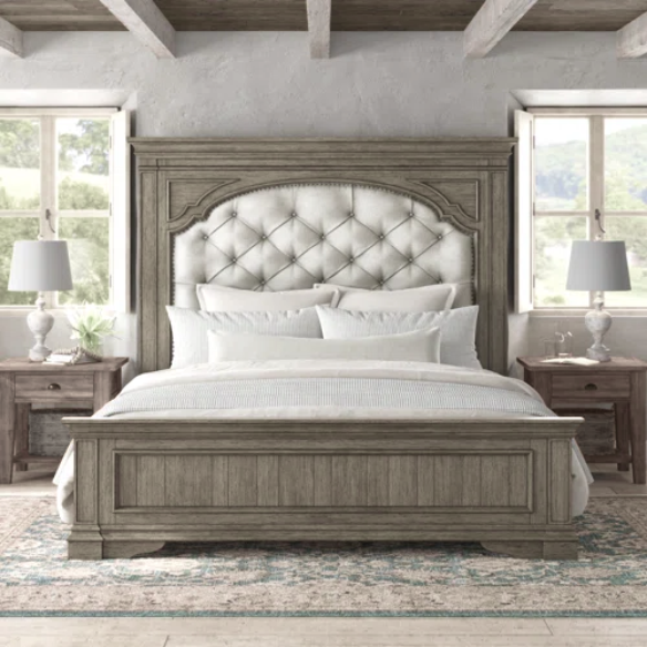 3-Piece Rustic Upholstered Panel Queen Bedroom Set in Driftwood Grey or Rustic Ivory – Includes Nightstand, Double Dresser with Mirror, and Button-Tufted Bed with Nailhead Trim