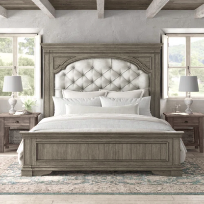 3-Piece Rustic Upholstered Panel Queen Bedroom Set in Driftwood Grey or Rustic Ivory – Includes Nightstand, Double Dresser with Mirror, and Button-Tufted Bed with Nailhead Trim