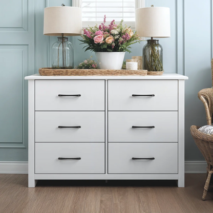 Modern 6-Drawer Double Dresser with Flared Feet and Sleek Black Metal Handles