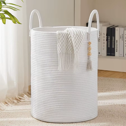 Large Tall Woven Storage Basket – Decorative Laundry Hamper with Handles, Foldable Cotton Rope Design for Clothes, Kids' Toys, and Living Room