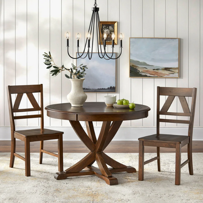 Country-Style 3-Piece Dining Set – Round Beadboard Table with X-Base and Geometric Back Chairs