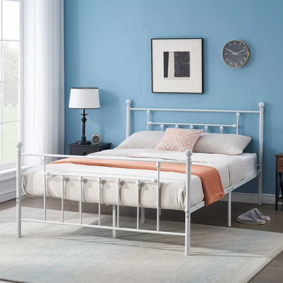 King Size Metal Open-Frame Platform Bed with Spindle Accents, Storage Footboard, and Slat Kit – No Box Spring Needed, Ideal for Farmhouse to French Country Styles