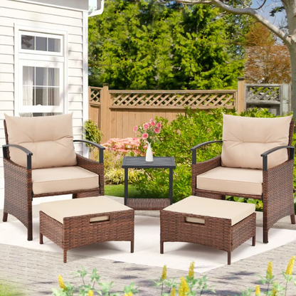 Patio Furniture Set | Outdoor Rattan Chairs with Tempered Glass Coffee Table, Ottomans, and Soft Cushions | Stylish Wicker Conversation Set