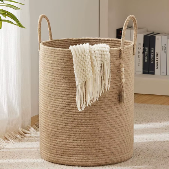 Large Tall Woven Storage Basket – Decorative Laundry Hamper with Handles, Foldable Cotton Rope Design for Clothes, Kids' Toys, and Living Room