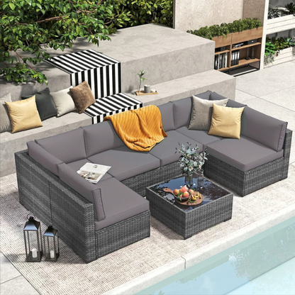 7-Piece Modular Patio Furniture Set | Wicker Outdoor Sectional Sofa with PE Rattan, Plush Pillowtop Cushions, and Coffee Table