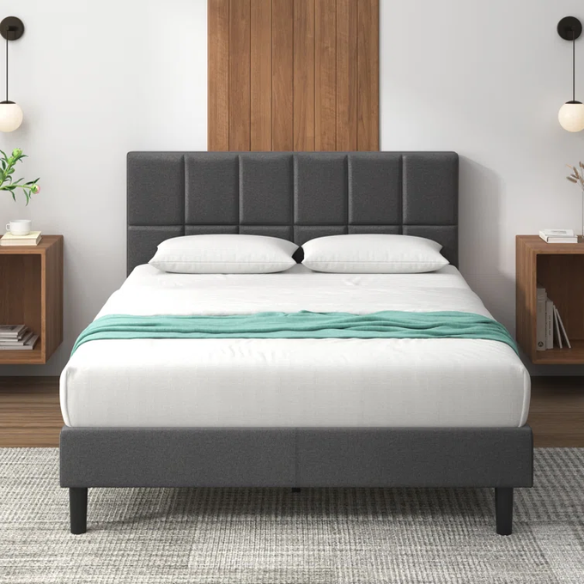 Modern King Size Upholstered Low Profile Platform Bed – Square-Tufted Headboard, Durable Steel Frame