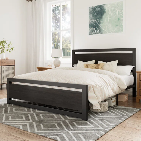 Queen Size Wood and Black Metal Frame Bed with Headboard – Modern Design with Rustic Distressed Wood Accents