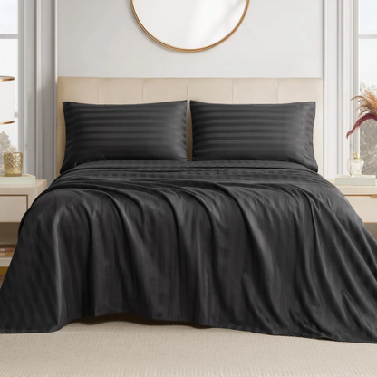 4-Piece Luxury Bed Sheet Set – Fitted & Flat Sheets with Pillowcases | Solid Stripe Bedding for Twin, Full, Queen, King Sizes